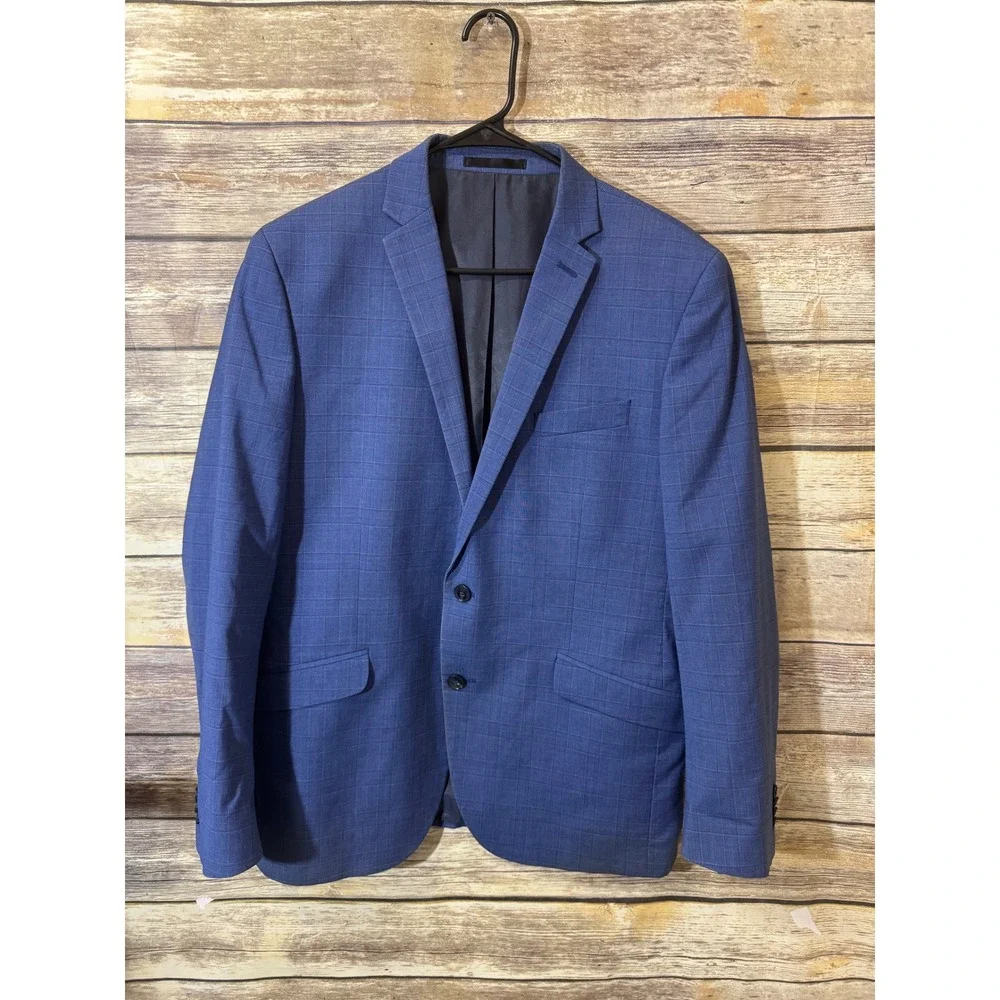 Kenneth Cole Reaction Mens Blue Glen Plaid 2-Button Blazer Jacket 42R Stretch